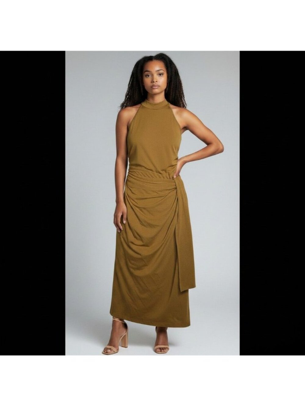 NEW Another Tomorrow Sarong Tie Dress Sz S Midi-Length Gold Tapenade Wrap Cotton - Picture 4 of 13